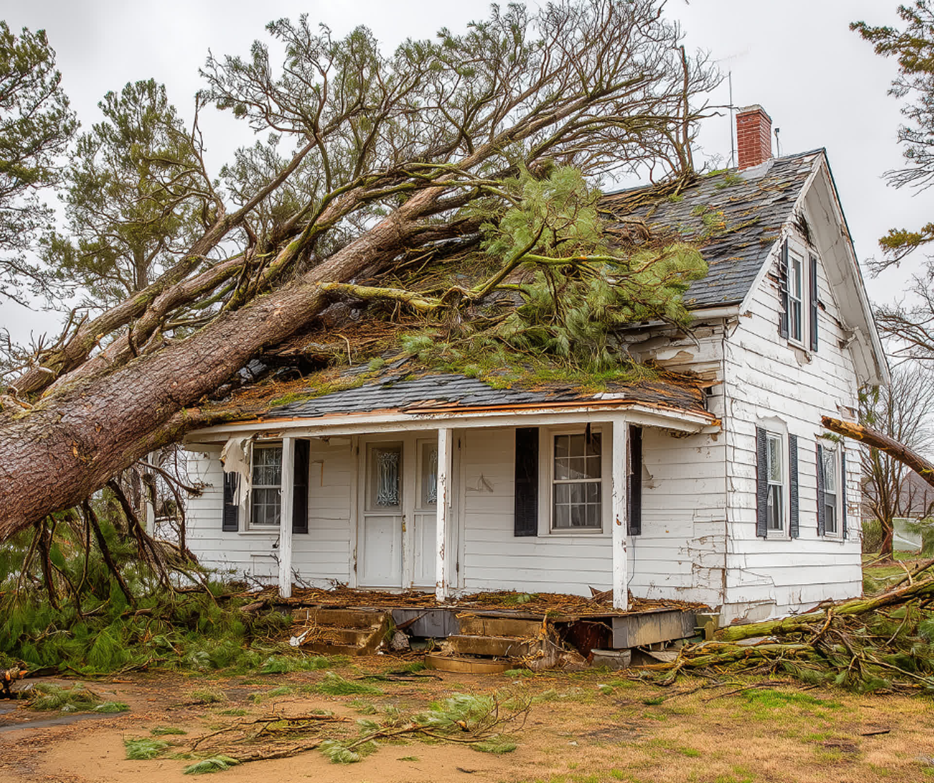 Tree fallen on home causing roof storm damage
