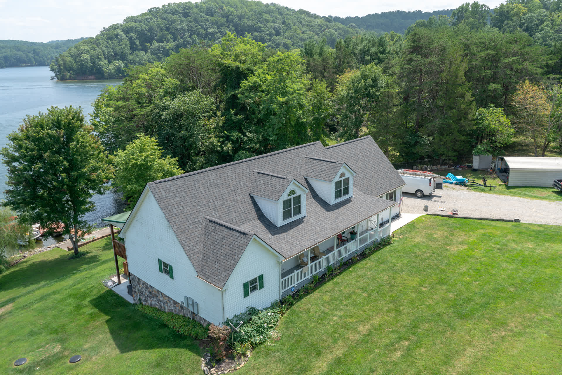 Aerial view of newly installed residential roof