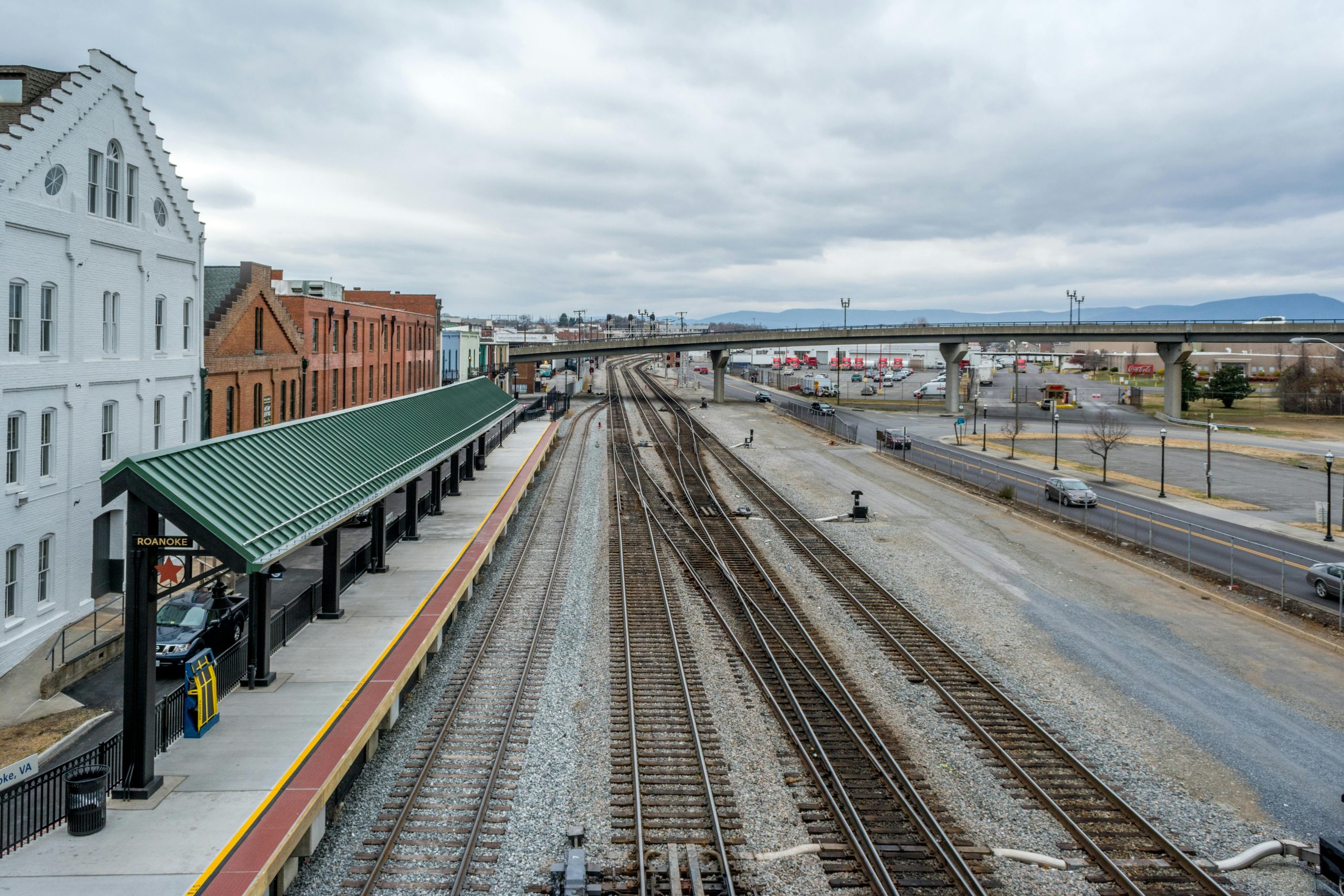 Roanoke train station with surrounding commercial buildings
