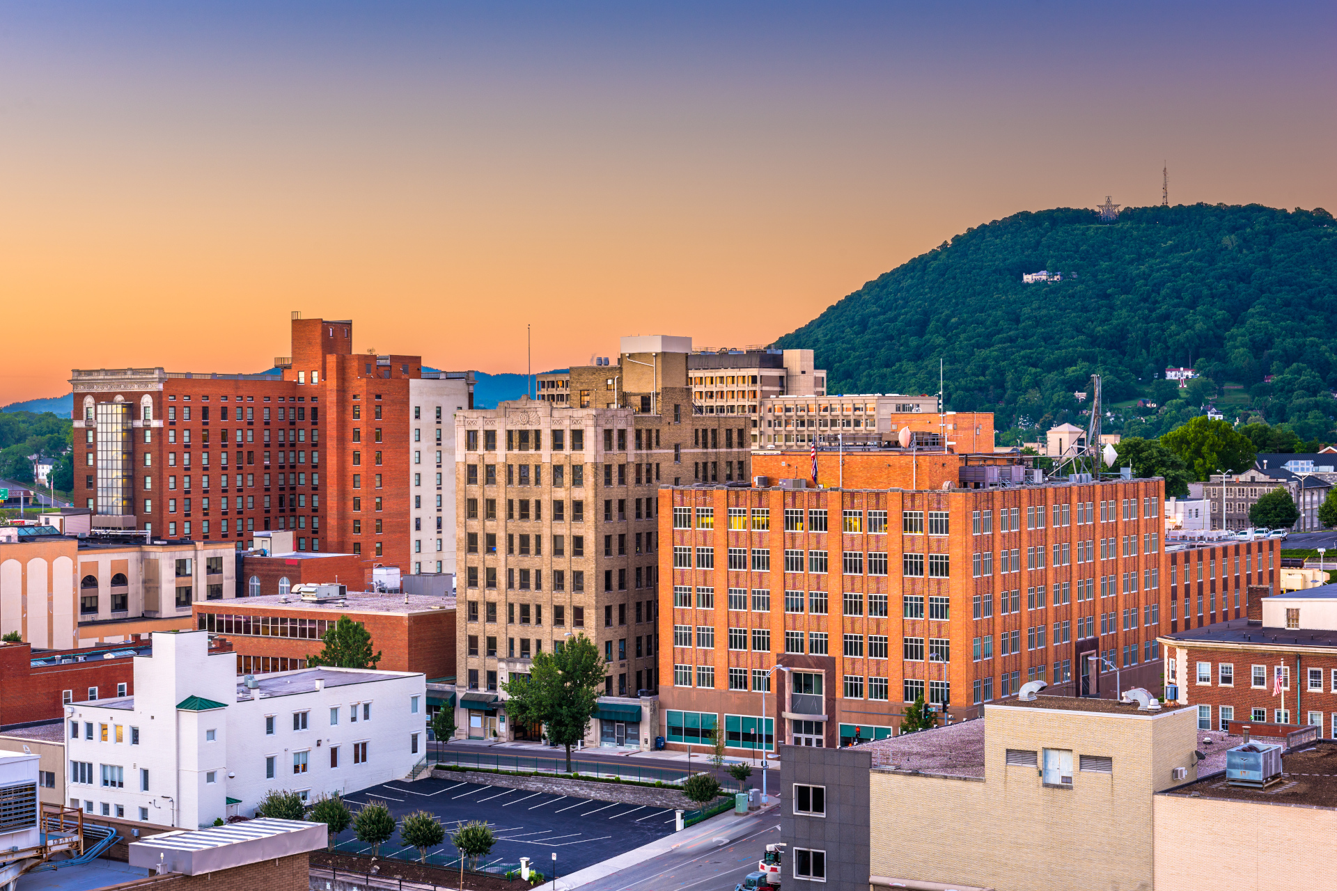 Commercial buildings in downtown Roanoke at sunset