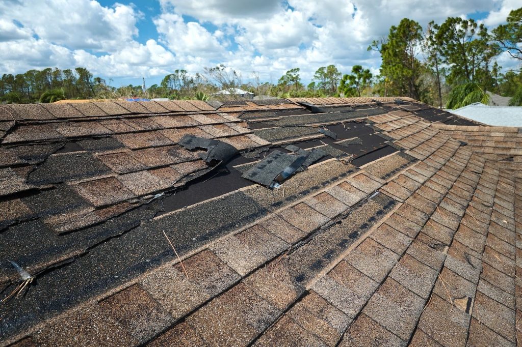 Damaged roof with missing shingles -- winter roof damage